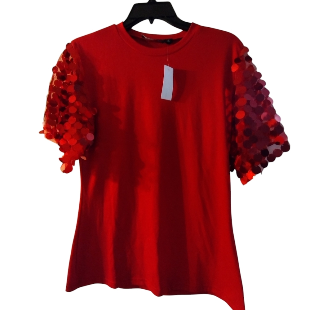 NWT Red Pull Over Short Sleeve Soft Top Shirt with Sequin Sleeves Medium - Picture 2 of 5